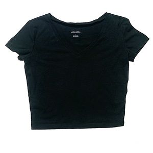 Black cropped t-shirt with v-neckline, size small